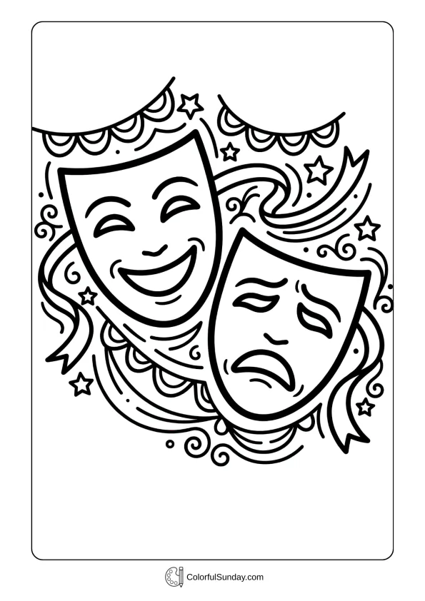 Classic theater comedy and tragedy masks adorned with festive Mardi Gras elements coloring page.