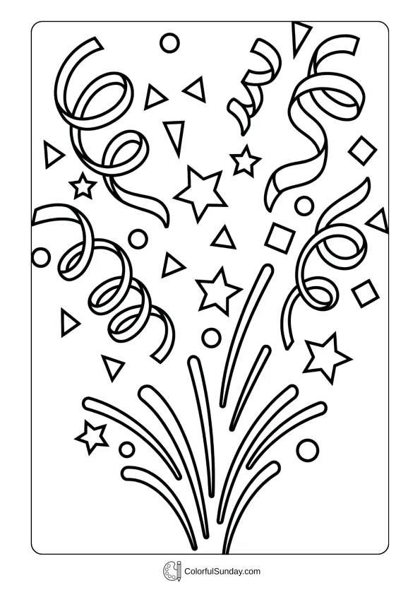 Festive confetti pieces and streamers falling during joyful Mardi Gras celebration coloring page.
