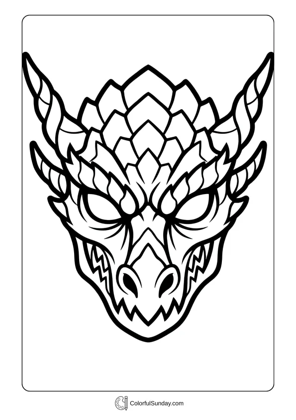 Fierce dragon-inspired mask with scales and horns for dramatic Mardi Gras coloring page costume.