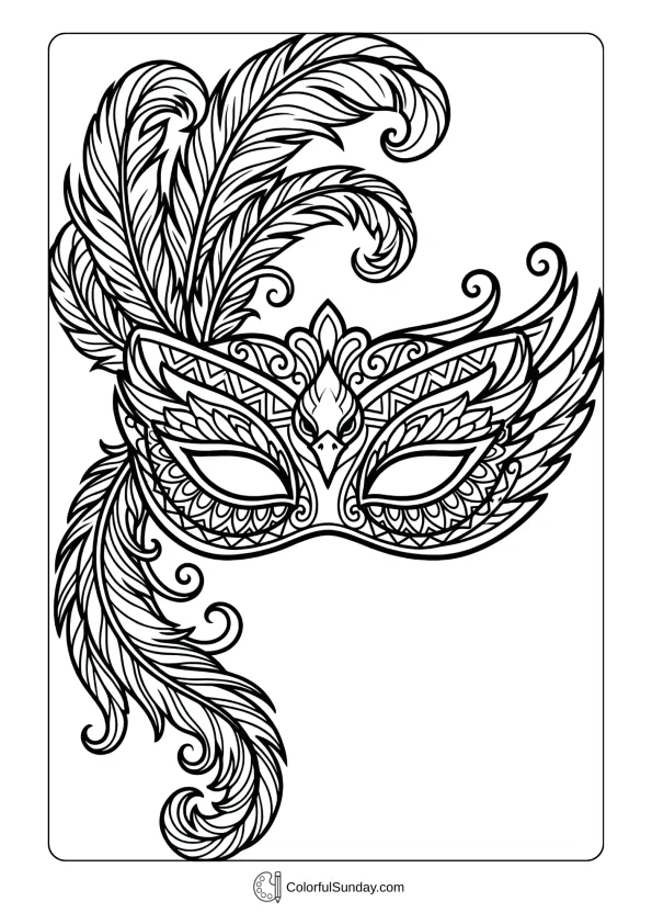 Stunning mask covered in elaborate feather plumes for Mardi Gras masquerade coloring page.