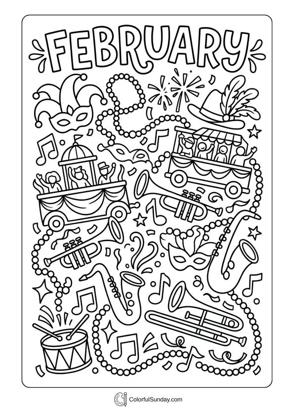 Mardi Gras coloring page featuring festive beads masks and February parade celebrations coloring page