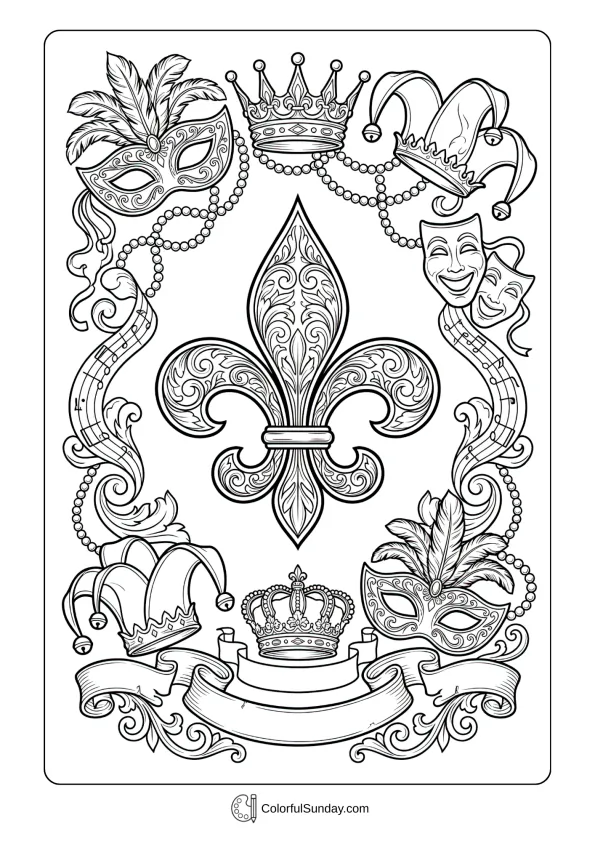 Ornate fleur-de-lis symbol surrounded by festive Mardi Gras decorative elements coloring page.