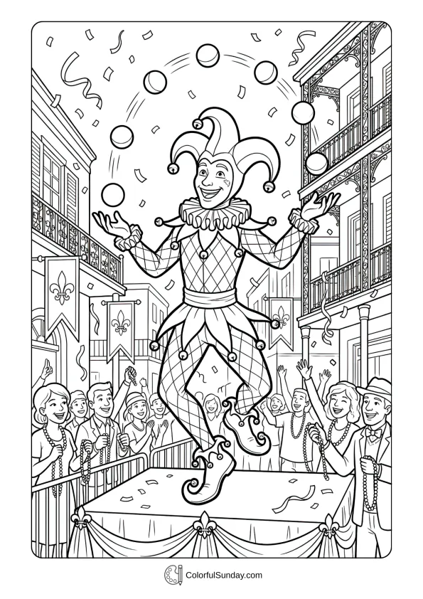 Talented jester juggling balls in festive costume during Mardi Gras parade coloring page performance.