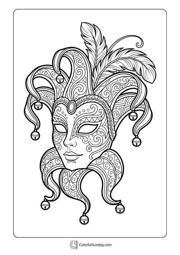 Ornate jester mask with bells and feathers in a Mardi Gras coloring page for festive fun.