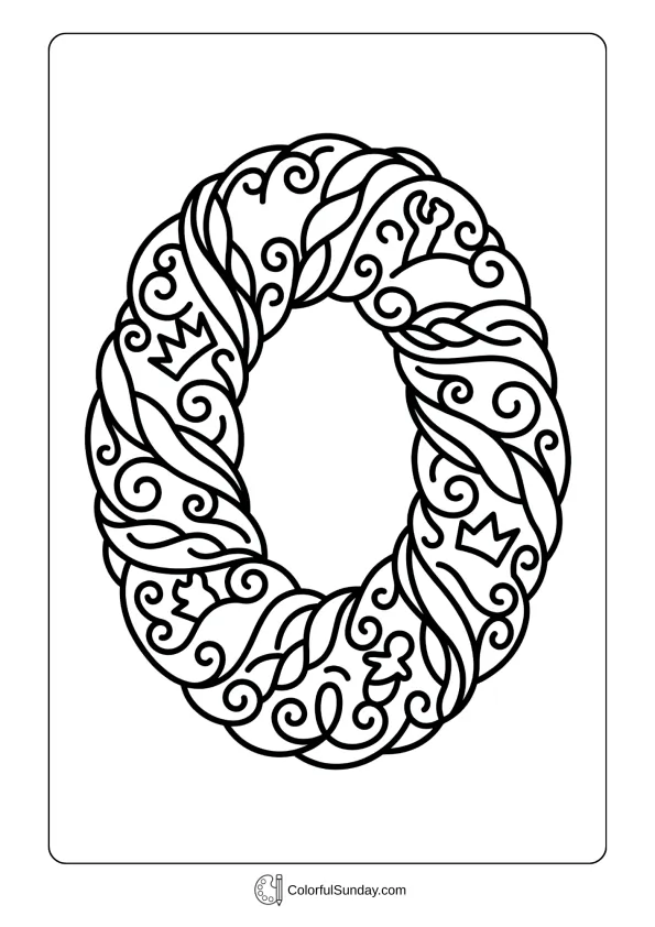 Traditional ring-shaped King Cake with intricate icing patterns in a Mardi Gras coloring page.