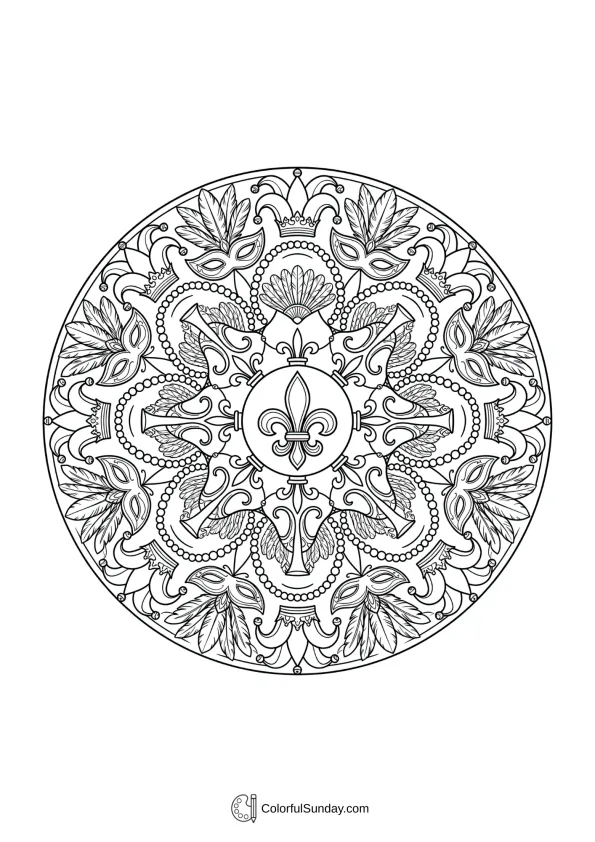 Circular mandala design featuring Mardi Gras masks, beads, and feathers coloring page pattern.