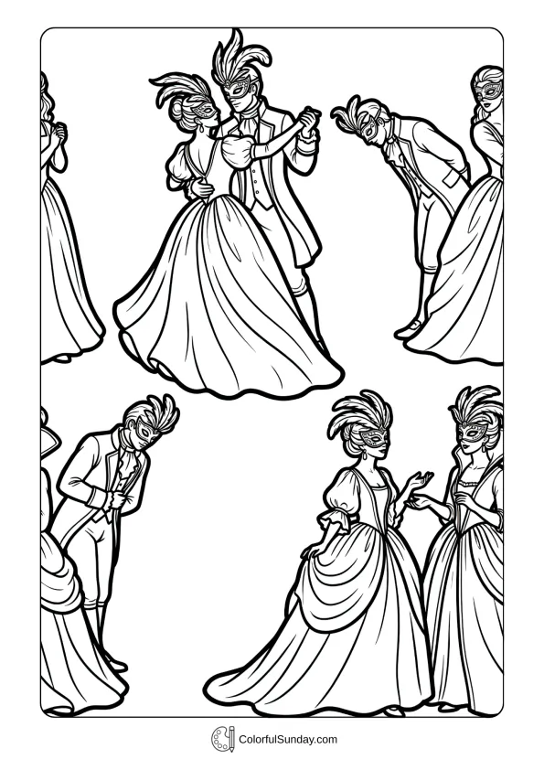 Elegant dancers in elaborate masks celebrating at a Mardi Gras masquerade ball coloring page.
