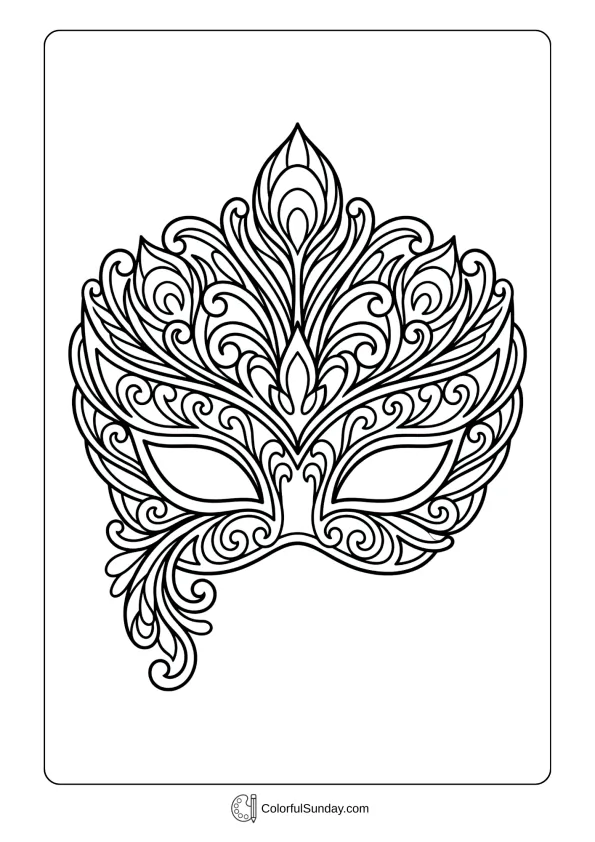 Stunning peacock-inspired mask with elaborate feather designs for Mardi Gras coloring page festivities.