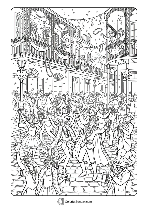 Lively Mardi Gras street party coloring page with revelers and festive decorations celebrating.