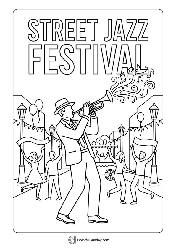 Jazz musician playing trumpet with musical notes in a Mardi Gras coloring page street celebration.