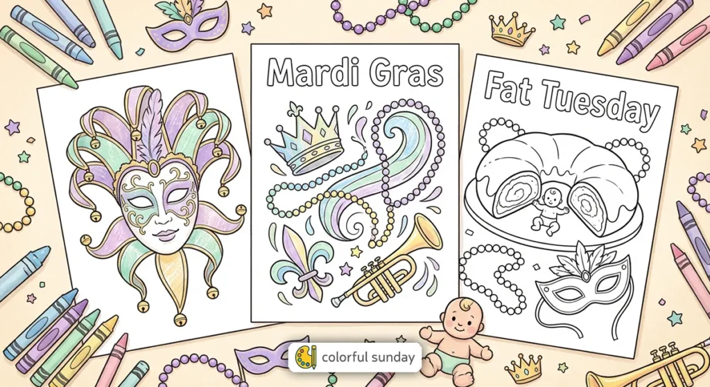 three coloring pages of Mardi Gras (Fat Tuesday)
