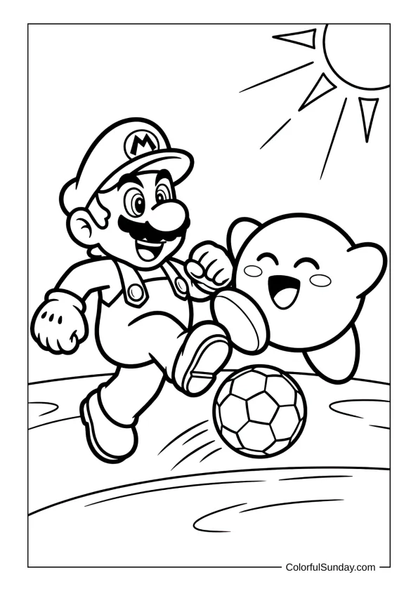 Mario and Kirby play soccer together laughing on a sunny field in this sporty coloring page