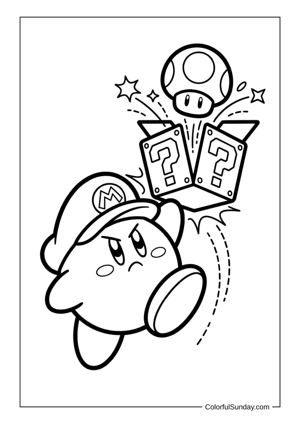 Kirby in Mario’s cap hits a mystery block for a power-up in this nostalgic coloring page