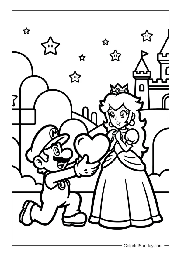 Mario and Princess Peach with heart coloring picture