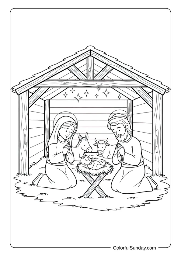 A nativity coloring page showing Mary and Joseph praying over baby Jesus in the stable.
