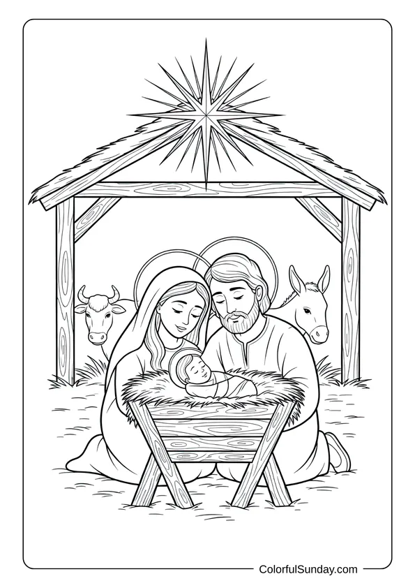 A coloring page of Mary and Joseph cradling baby Jesus in the nativity manger.