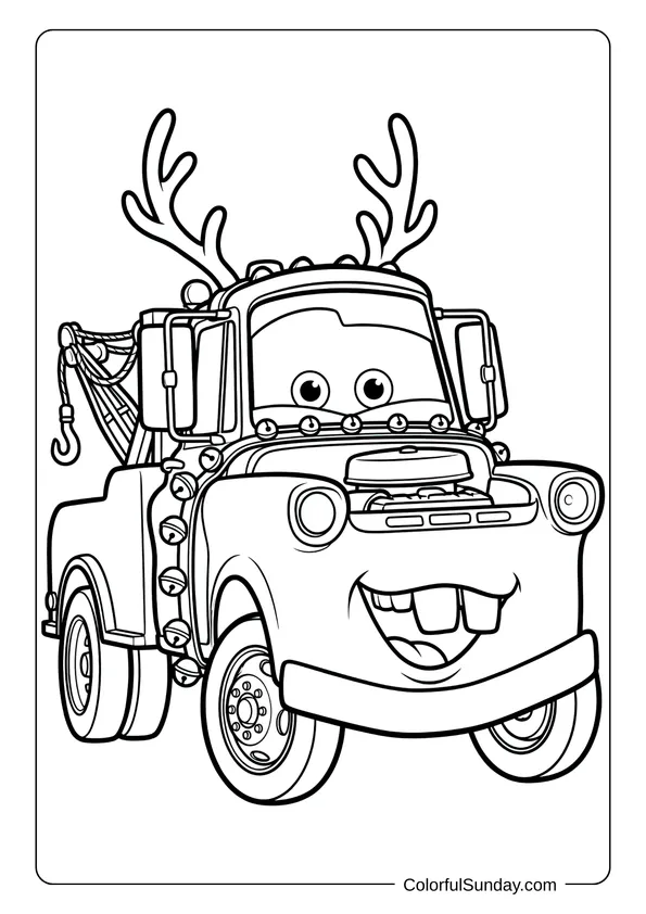 A Disney Christmas coloring page featuring Tow Mater wearing reindeer antlers and smiling in a holiday-themed scene.