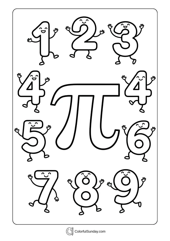 Cute dancing numbers around big pi symbol coloring page for mathematical Pi Day coloring for kids
