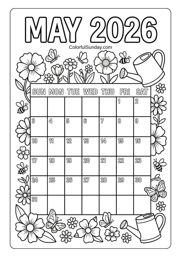 May 2026 spring garden calendar coloring page with flowers and butterflies printable coloring page