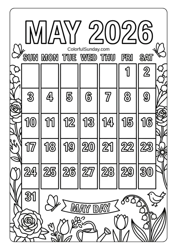 May 2026 May Day calendar coloring page with flowers and banner printable coloring page
