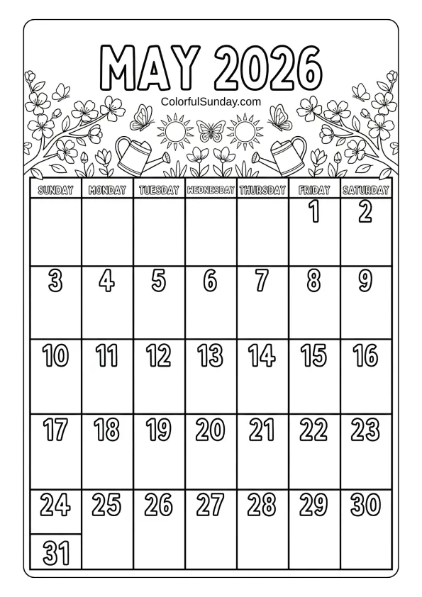 May 2026 spring calendar coloring page with flowers butterflies and garden elements printable coloring page