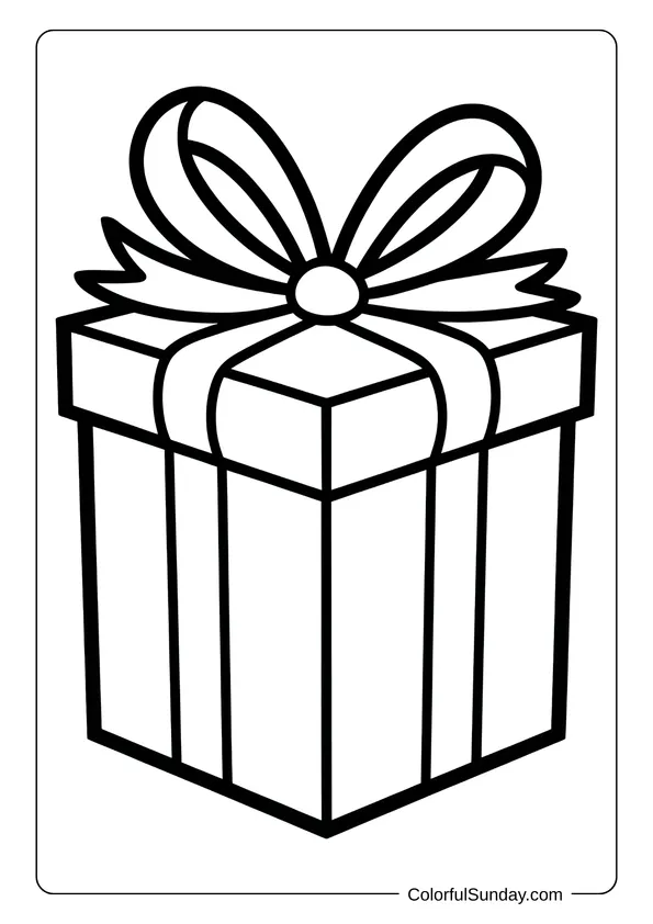 A large Christmas present wrapped with a huge bow stands tall in this seasonal coloring page.