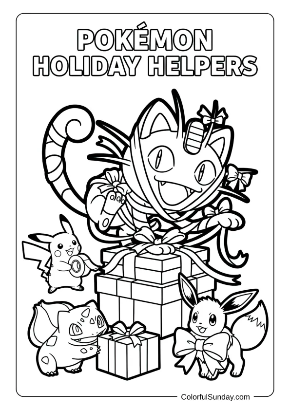 A coloring page of Meowth wrapping presents with ribbons and bows while Christmas Pokémon helpers assist nearby.