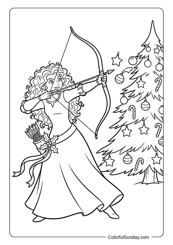 Merida with festive bow and arrows shooting ornaments onto tree in this Disney Christmas coloring page.