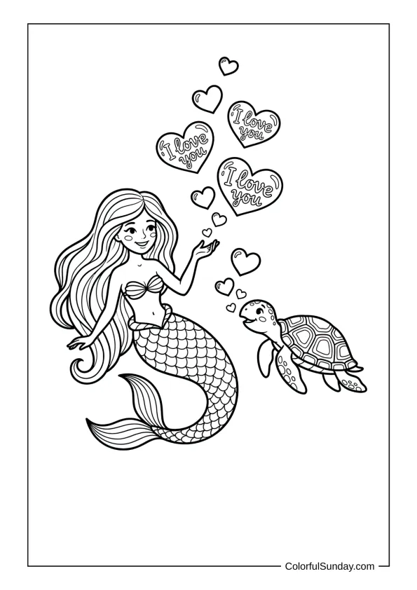 Mermaid blowing heart bubbles with a turtle companion under the sea saying I love you in a coloring page.