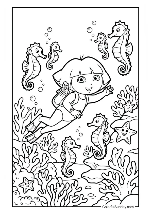 Mermaid Dora swimming with starfish and seahorses in a coral reef in this Dora the Explorer coloring page.
