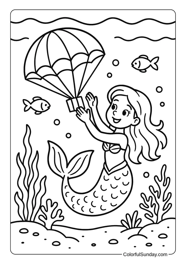 A mermaid receives a gift parachuting underwater, surrounded by seaweed and fish.