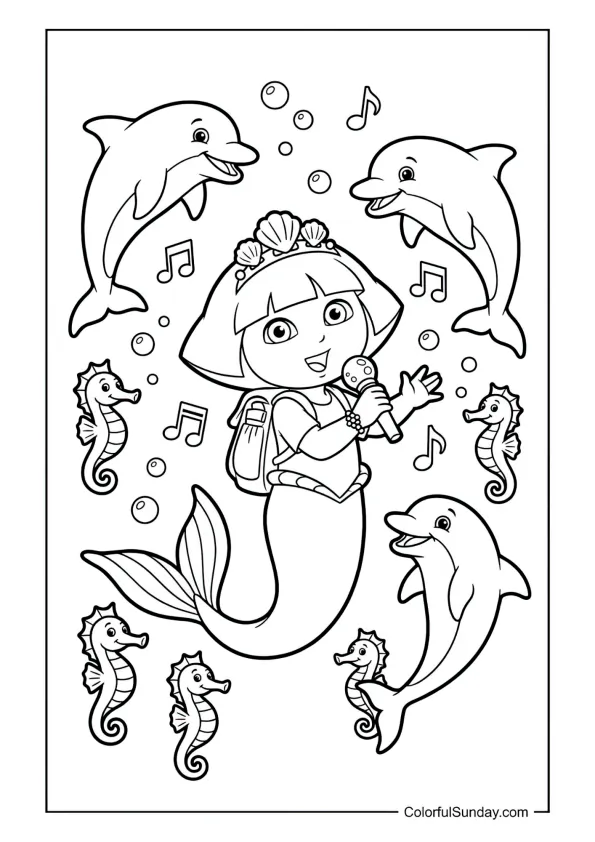 Mermaid princess Dora singing to dolphins and seahorses underwater in this Dora the Explorer coloring page.