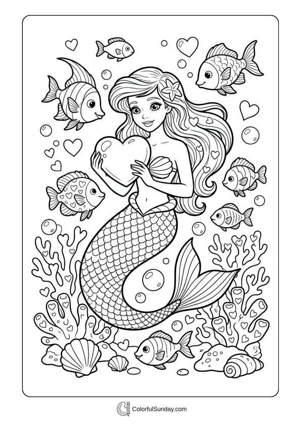 A mermaid holds a heart pearl underwater surrounded by fish and bubbles on a Valentine's Day coloring page.