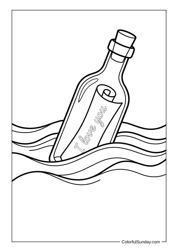 Floating bottle with hidden love note on waves with hearts forming I love you in a coloring page.