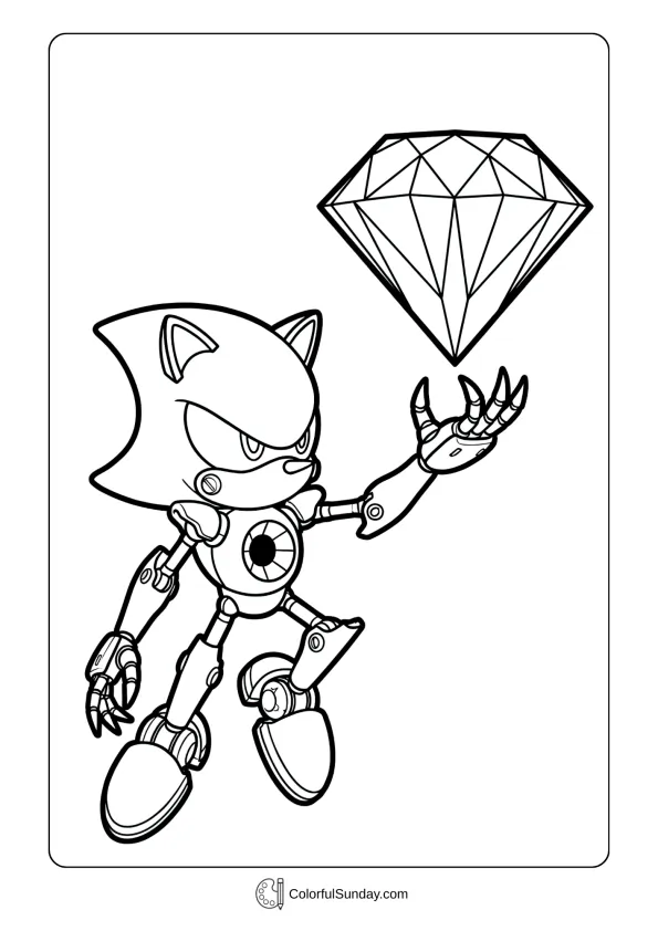 A coloring page of Metal Sonic reaching for chaos emerald coloring page