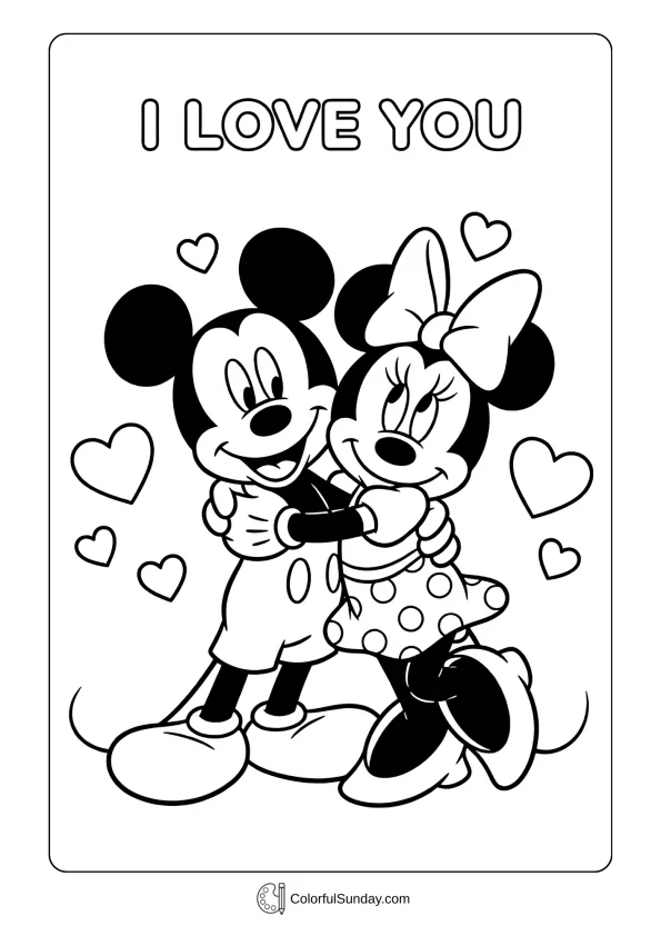 Mickey Mouse and Minnie Mouse share a loving hug amid hearts in a Valentine's Day coloring page.