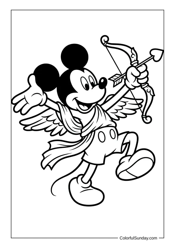 Mickey Mouse Cupid posing dramatically with wings and a heart bow in a classic coloring page.
