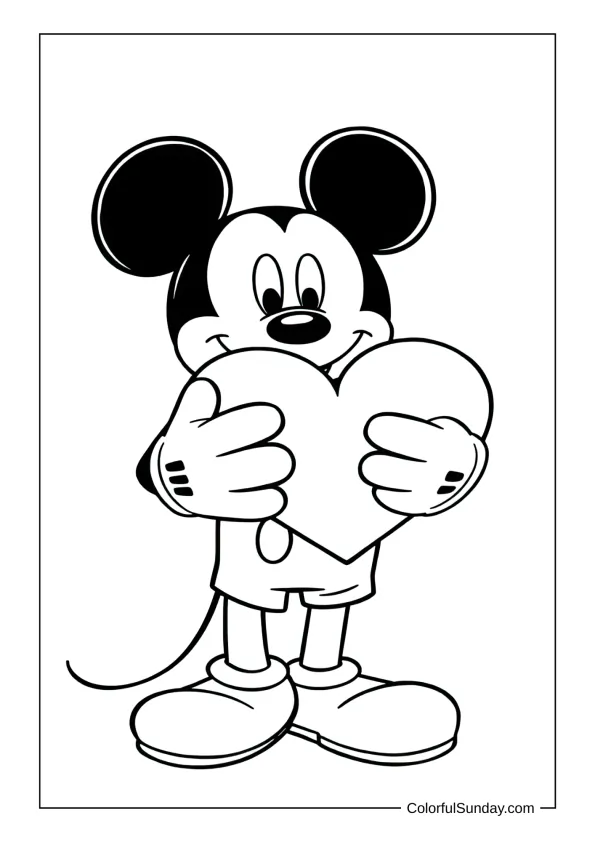 Mickey Mouse holding heart coloring page for kids