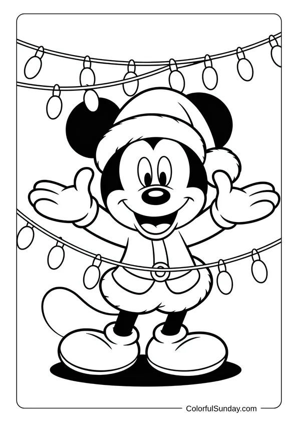 Mickey Mouse dressed as Santa Claus smiling under Christmas lights in a joyful coloring page.