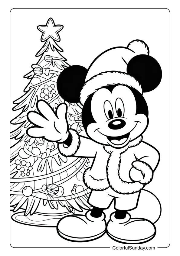 Mickey Mouse dressed as Santa waving happily beside a decorated Christmas tree in a festive coloring page.