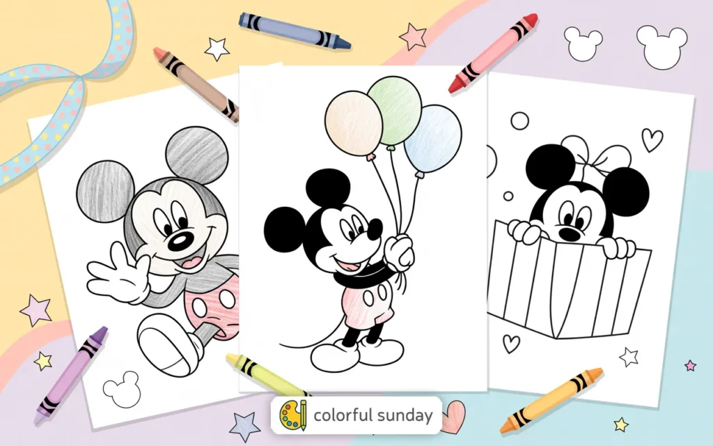 three coloring pages of Mickey Mouse from Disney
