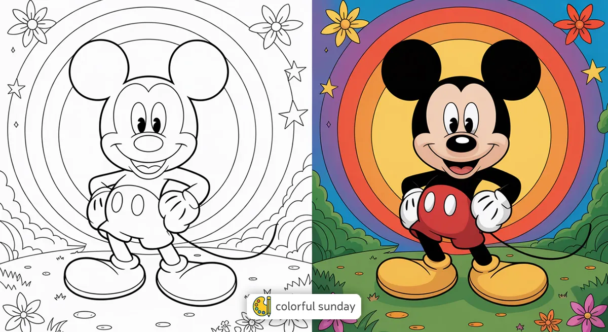 Mickey Mouse coloring pages featured image, left side uncolored, right side fully colored