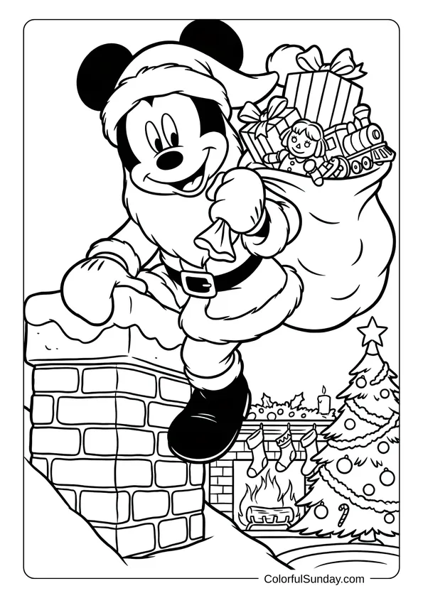 Santa Mickey climbs a chimney with a sack of toys during Disney Christmas in a holiday coloring page