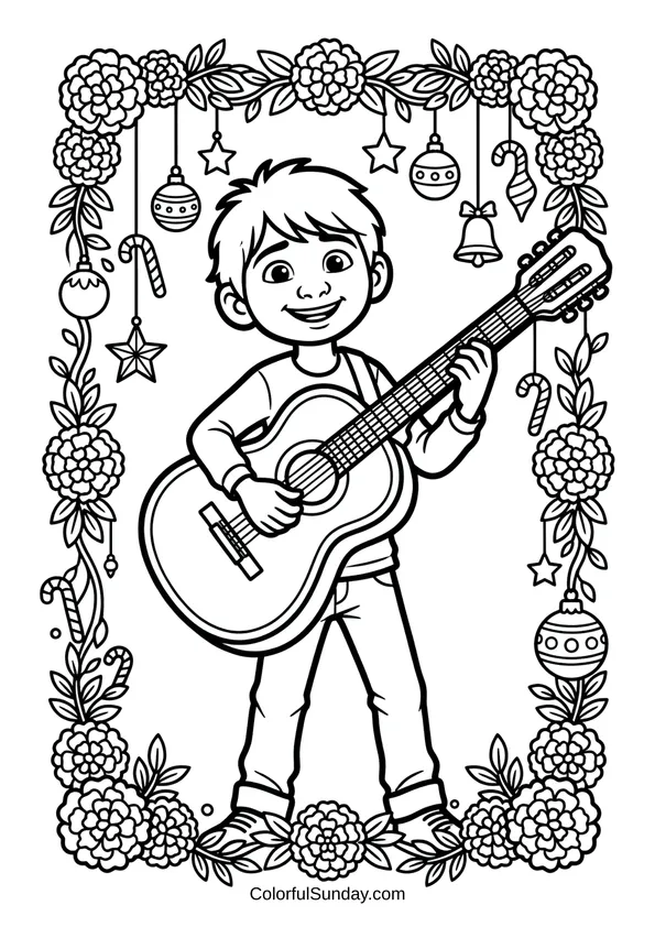 Coloring page featuring Miguel from Coco playing his guitar during a warm Disney Christmas celebration framed with holiday decorations.