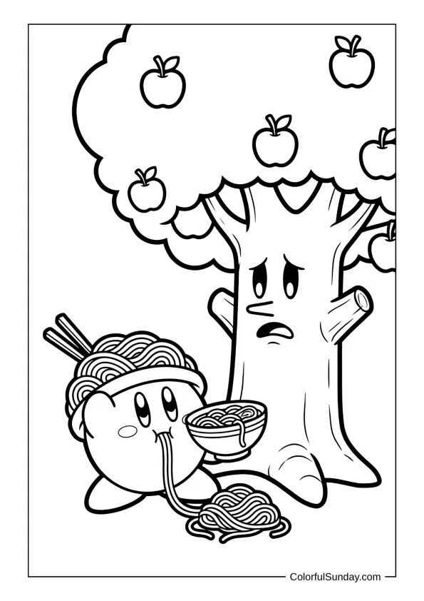 Kirby wearing a noodle hat slurps noodles near Whispy Woods like Min Min in this tasty coloring page