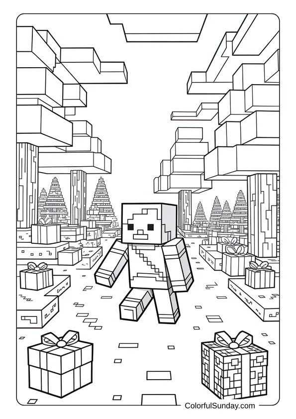 Minecraft-style winter scene with blocky trees and gifts scattered in a pixel art Christmas coloring page.