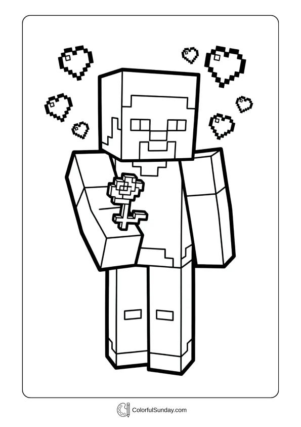 A coloring page of Minecraft Steve holding a rose with hearts floating around, celebrating Valentine's Day.