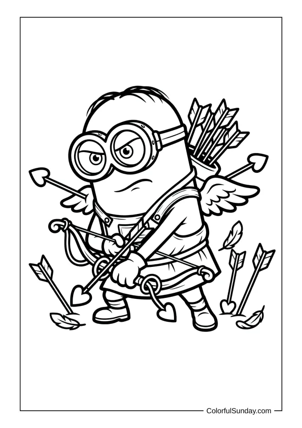 Funny minion Cupid looking serious but clumsy with wings and a heart arrow in a playful coloring page.