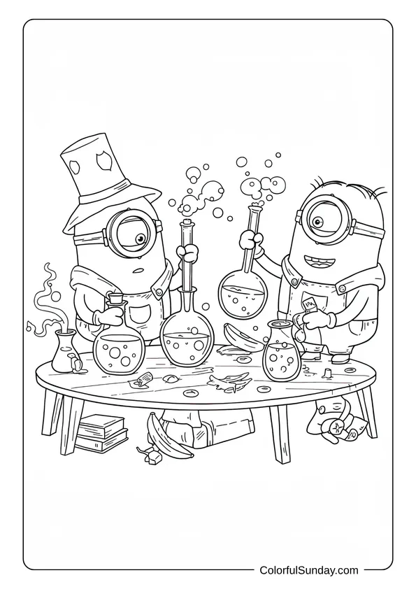Two Minions experimenting with colorful chemicals bubbling on a messy table in a science coloring page.