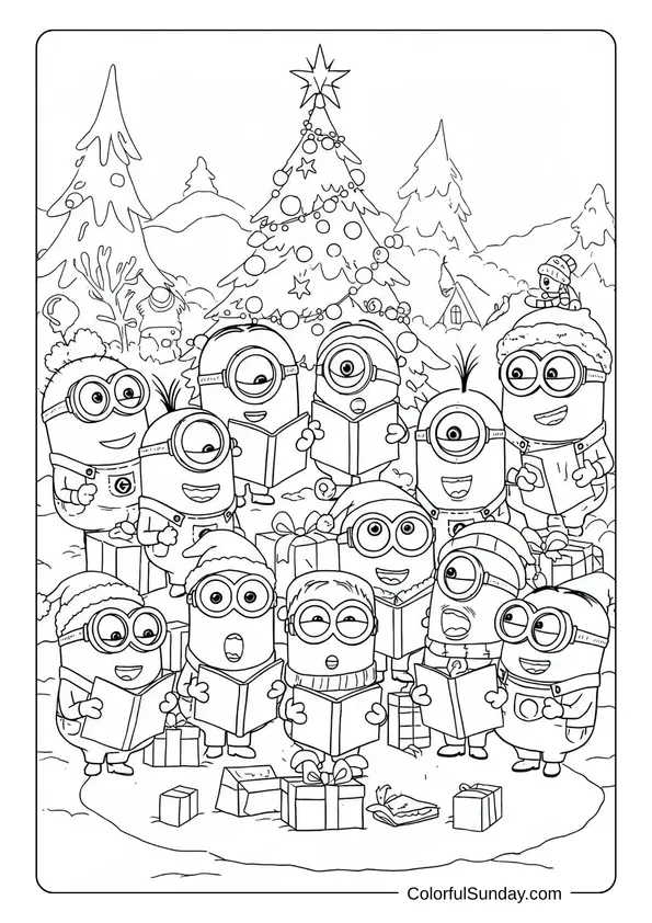 Group of Minions singing Christmas carols beside a decorated tree with presents in a festive coloring page.